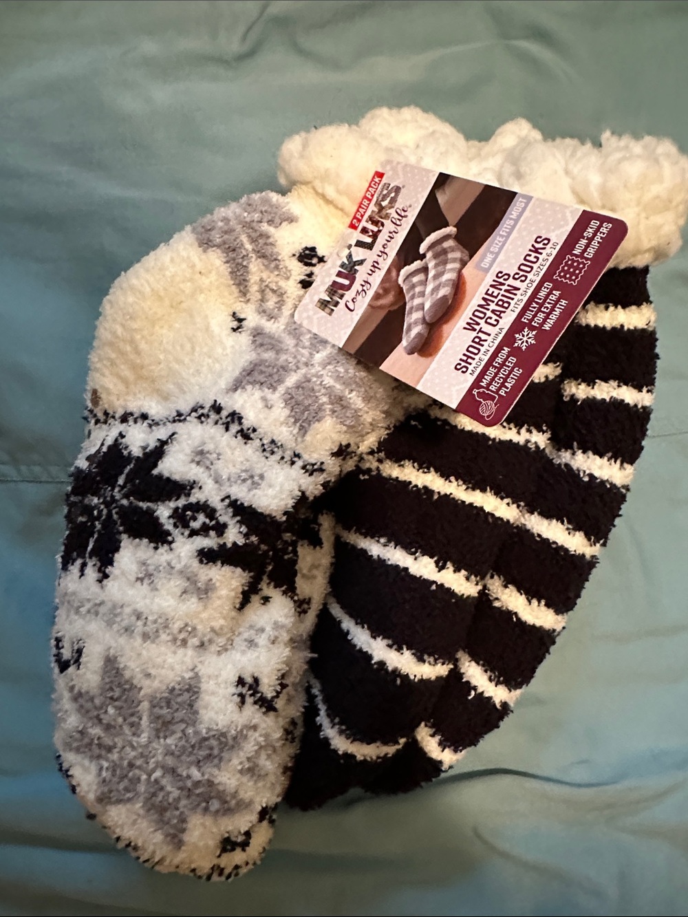 Muk Luke Cozy Striped & Snowflake Plush Socks cabin socks- Black & White